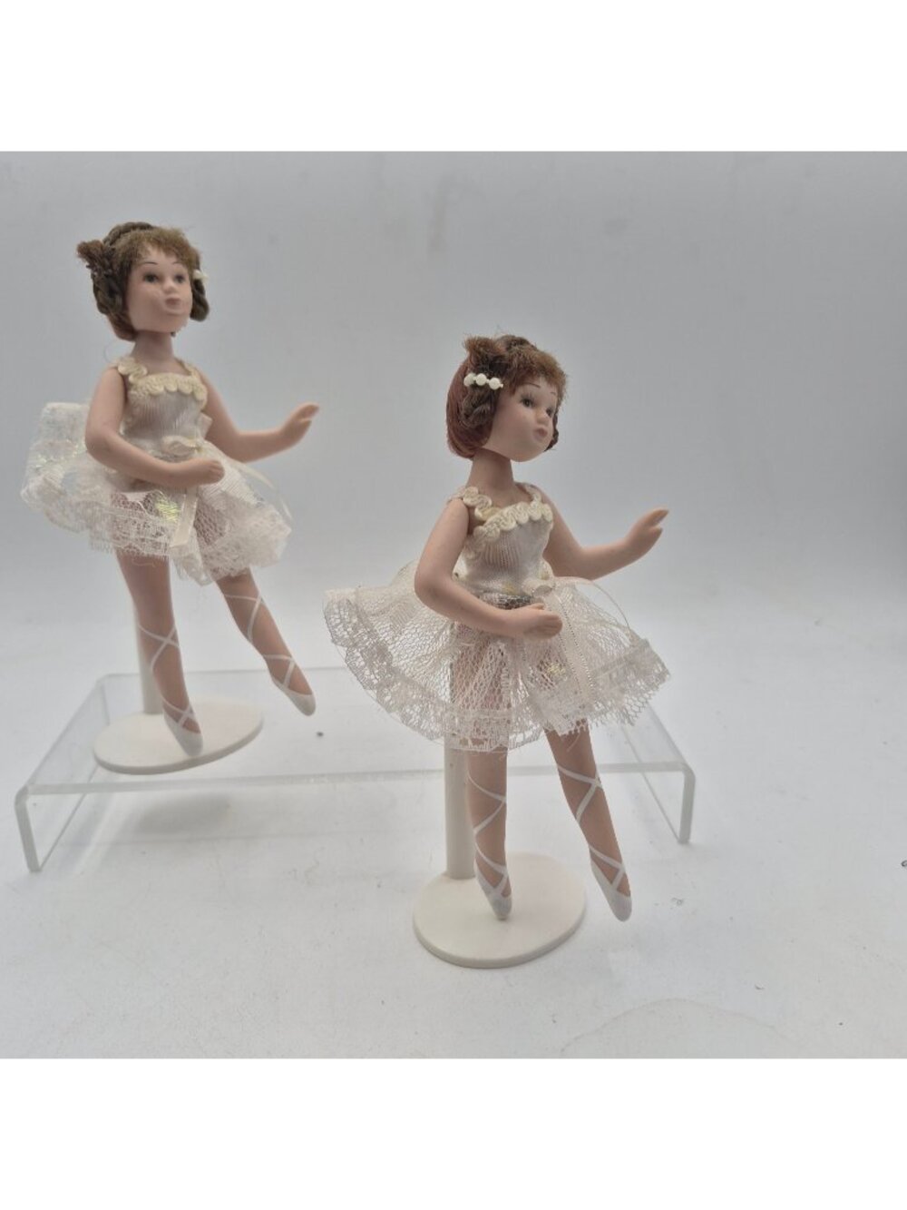 Porcelain Ballerina Dolls Pair White Lace Tutu Miniature Ballet Figurines VTG